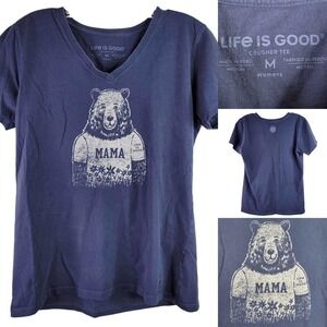 Life is Good Women's Medium Blue "Mama Bear" Graphic V-Neck Crusher SS Tee Shirt
